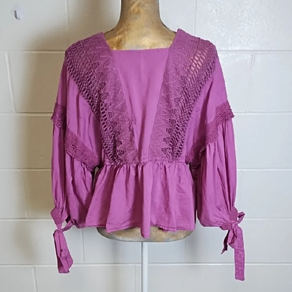 Free People Raspberry Boho Cotton Crochet Ruffled Dobby embroidered Blouse Top - Picture 2 of 13